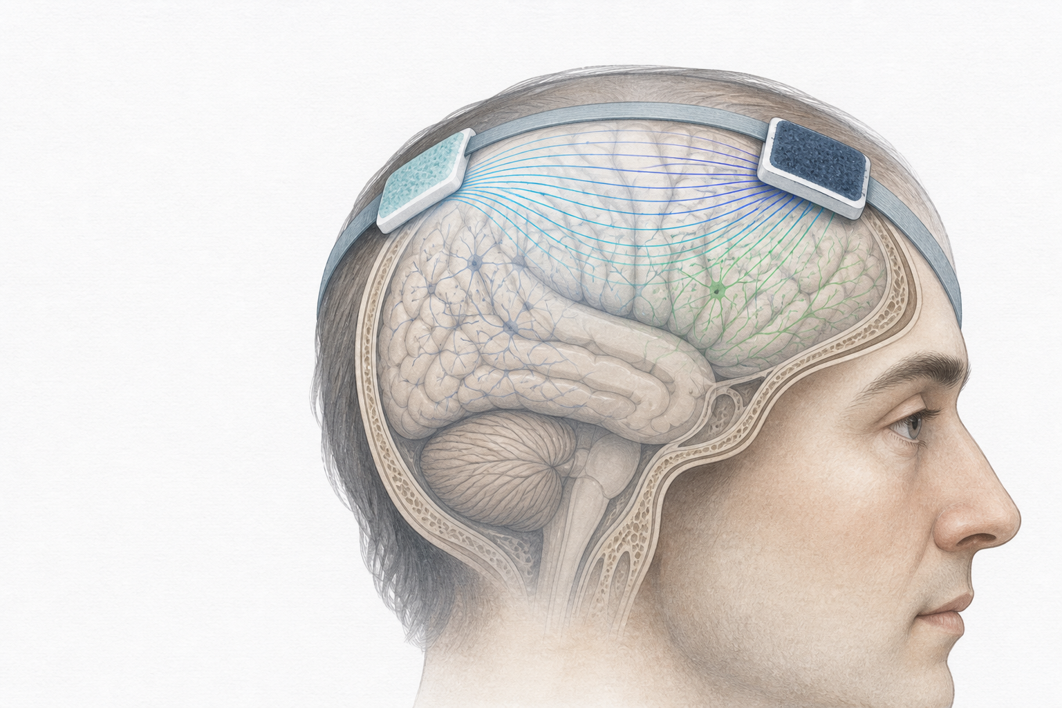 Ilustración del mecanismo de estimulación transcraneal por corriente directa